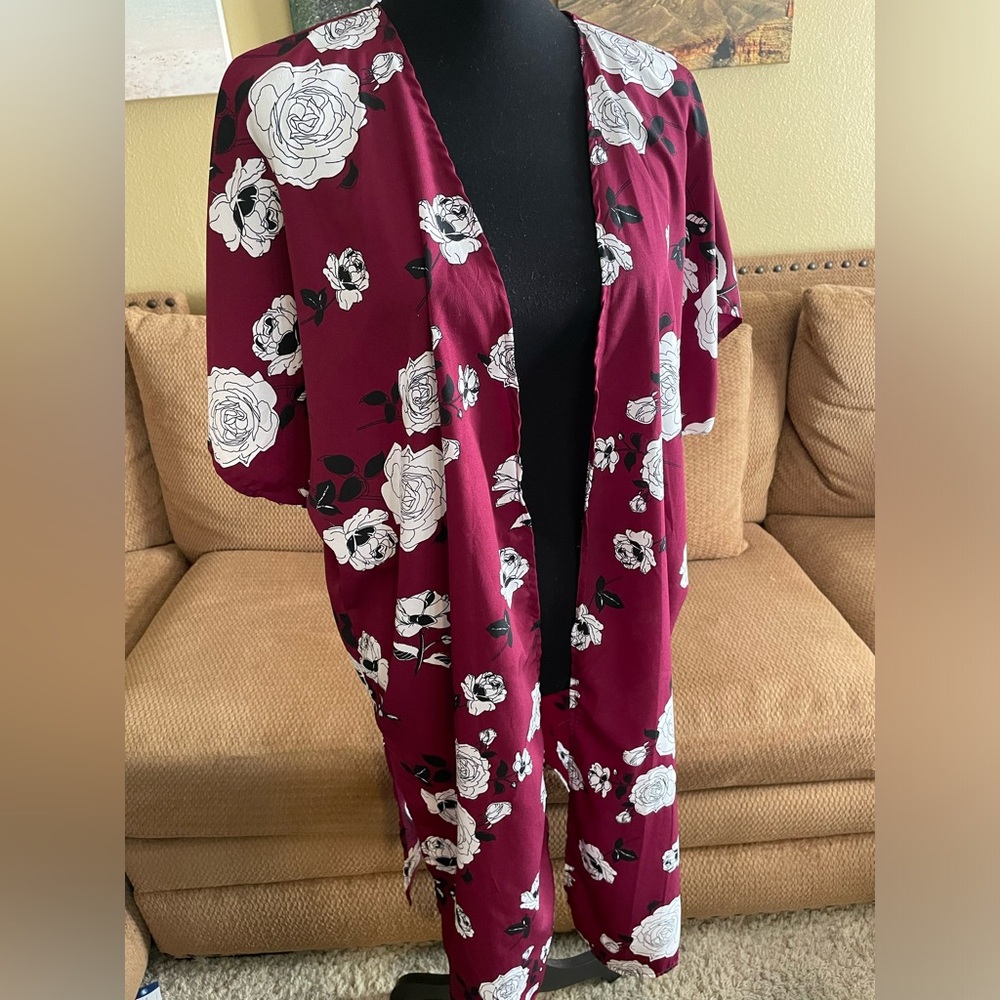 Burgundy Floral Kimono by Japna - oversized for dressing up or casual wear
